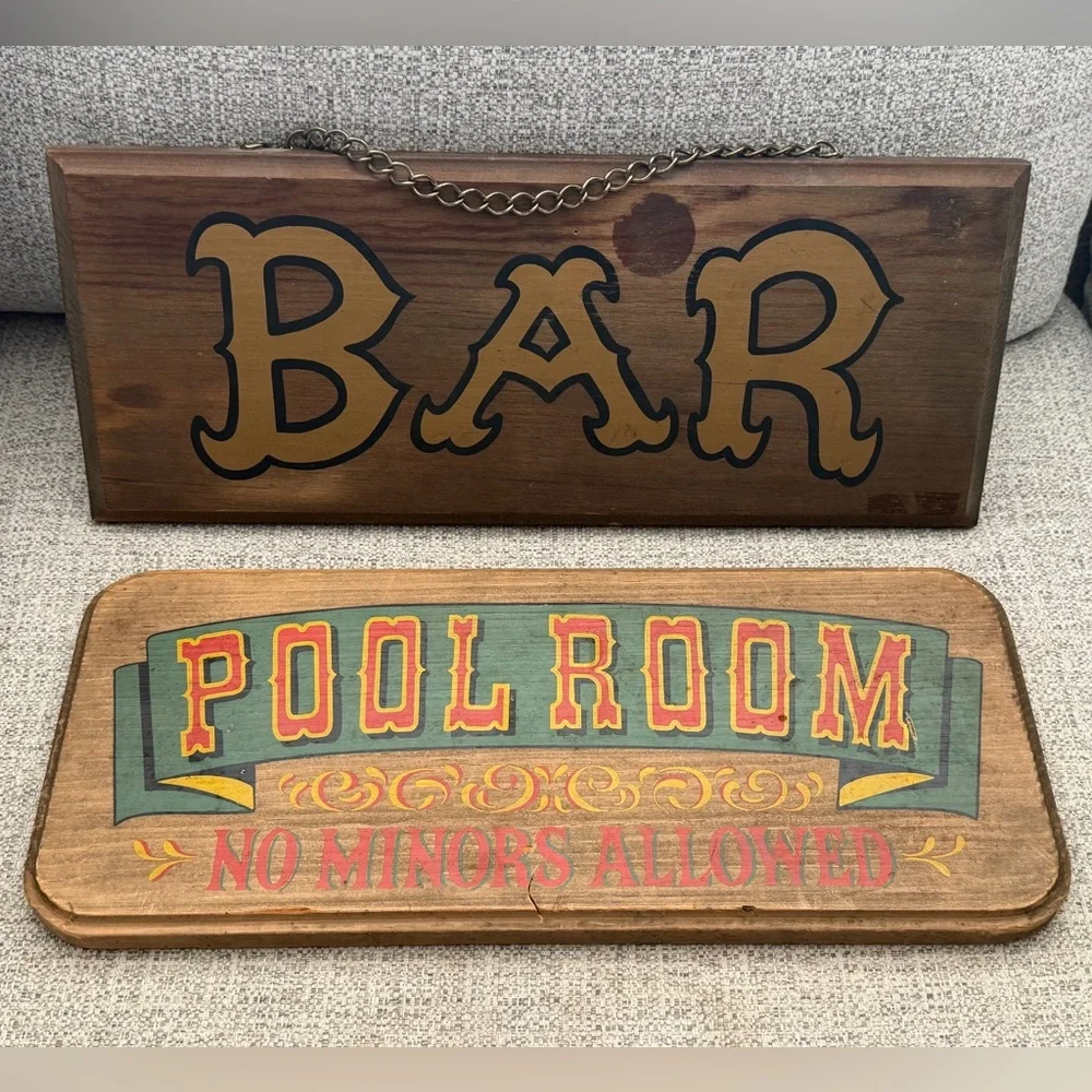 Wooden Pool Room & Bar Wall Signs - Rustic Multicolor Set